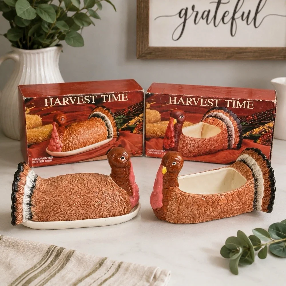 VTG Harvest Time Turkey Butter Dish & Cranberry Dish Thanksgiving Set w Boxes